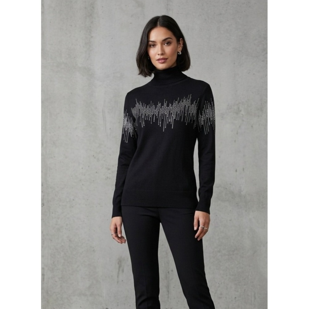 Jaclyn Smith Rhinestone Embellished Black Turtleneck Holiday Sweater‎ 1X